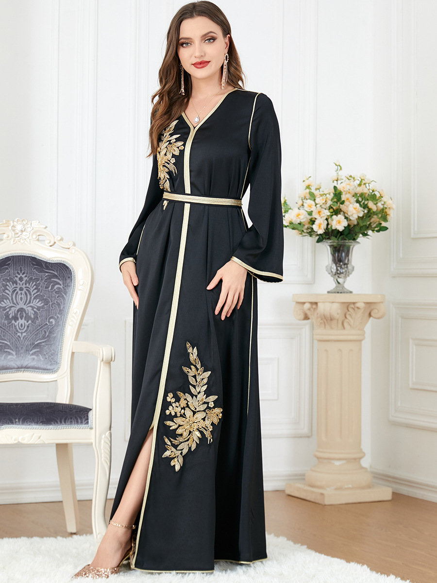 

Elegant Muslim Dress Women Abaya Belted Embroidery Split Morocco Party Dress Kaftan Turkey Arab Long Robe Vestidos Dubai Dresses