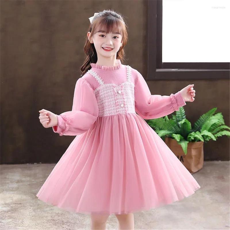 

Girl Dresses Spring & Autumn Girls Mesh The 2023 Lace Neckline Child Clothing Fake Two Piece Suit Puff Sleeves Princess Dress, Picture shown
