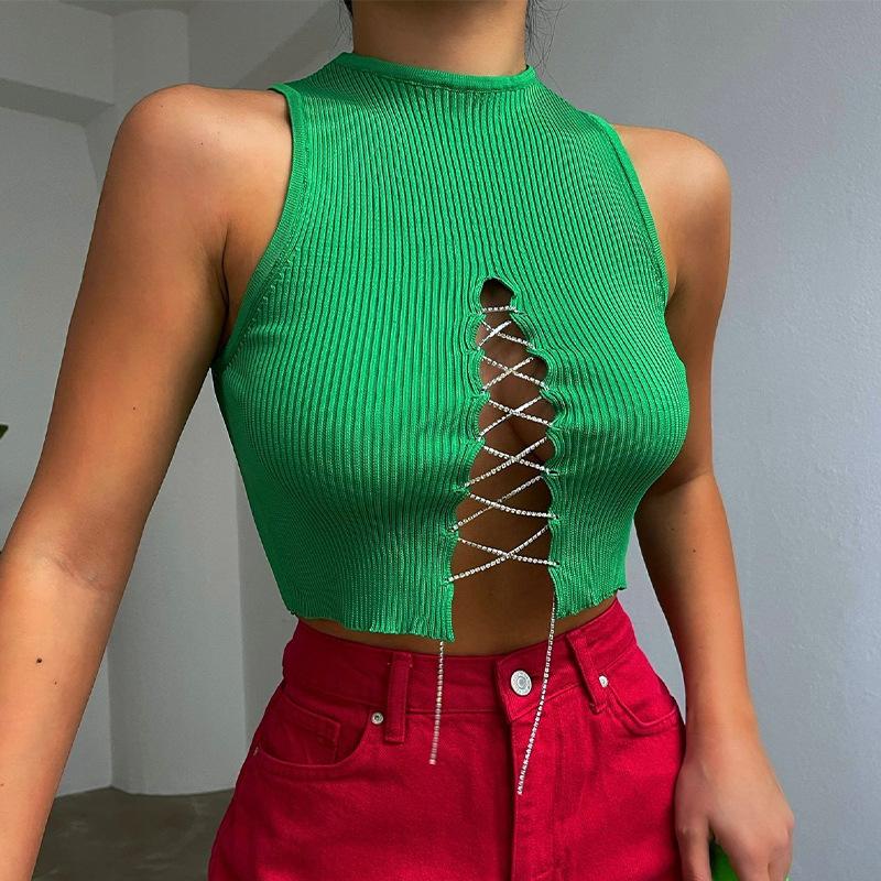 

Women' Tanks & Camis Spring And Summer Green Tops For Women Sexy Tank Chain Knitted Vest Streetwear Short Girl 20813Women