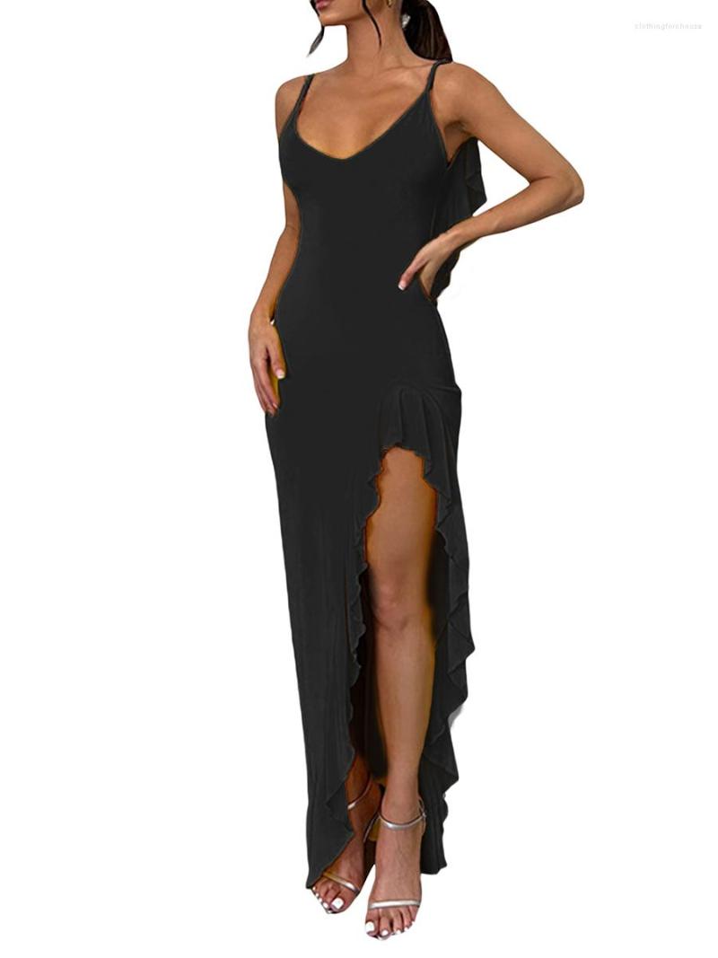 

Casual Dresses Women Ruffled Fishtail Summer Dress Sleeveless V-Neck Party For Beach Cocktail Nightclub, Black