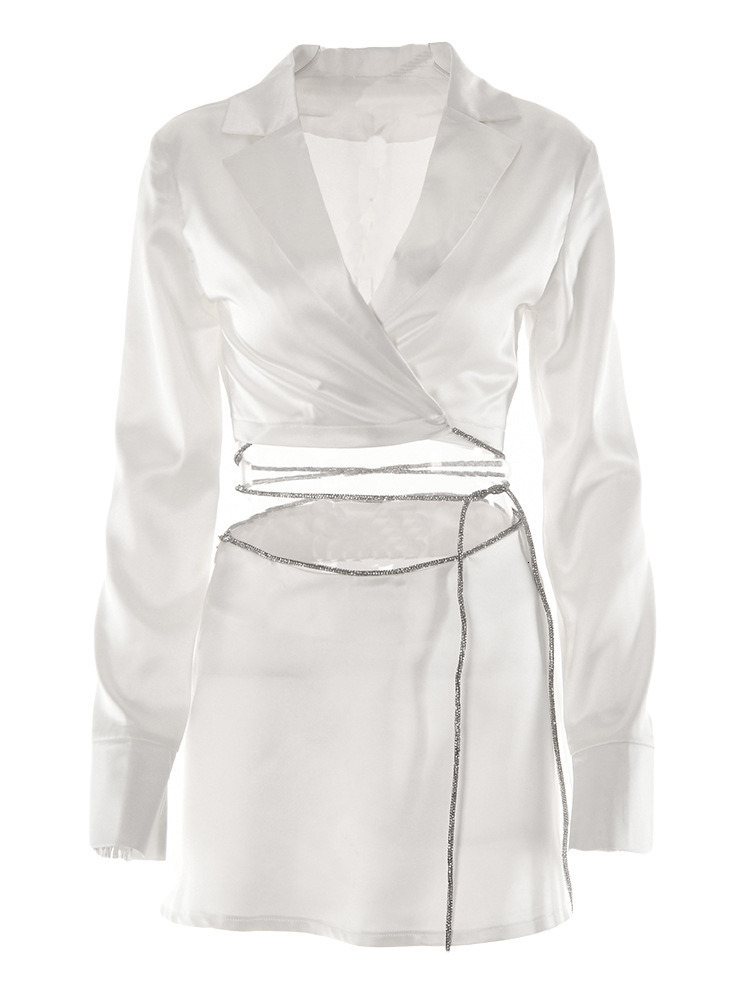 

Two Piece Dress Fall Winter White Satin High Waist Lace Up Crop Top And Short Skirt Suits Women Long Sleeved Cardigan Bandage Set 230509, Skirt black