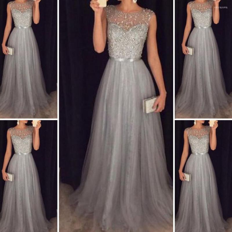 

Casual Dresses Elastic Chic Wedding Night Bridesmaid Dress Floor Length Women Evening Sleeveless Lady Garment, Grey