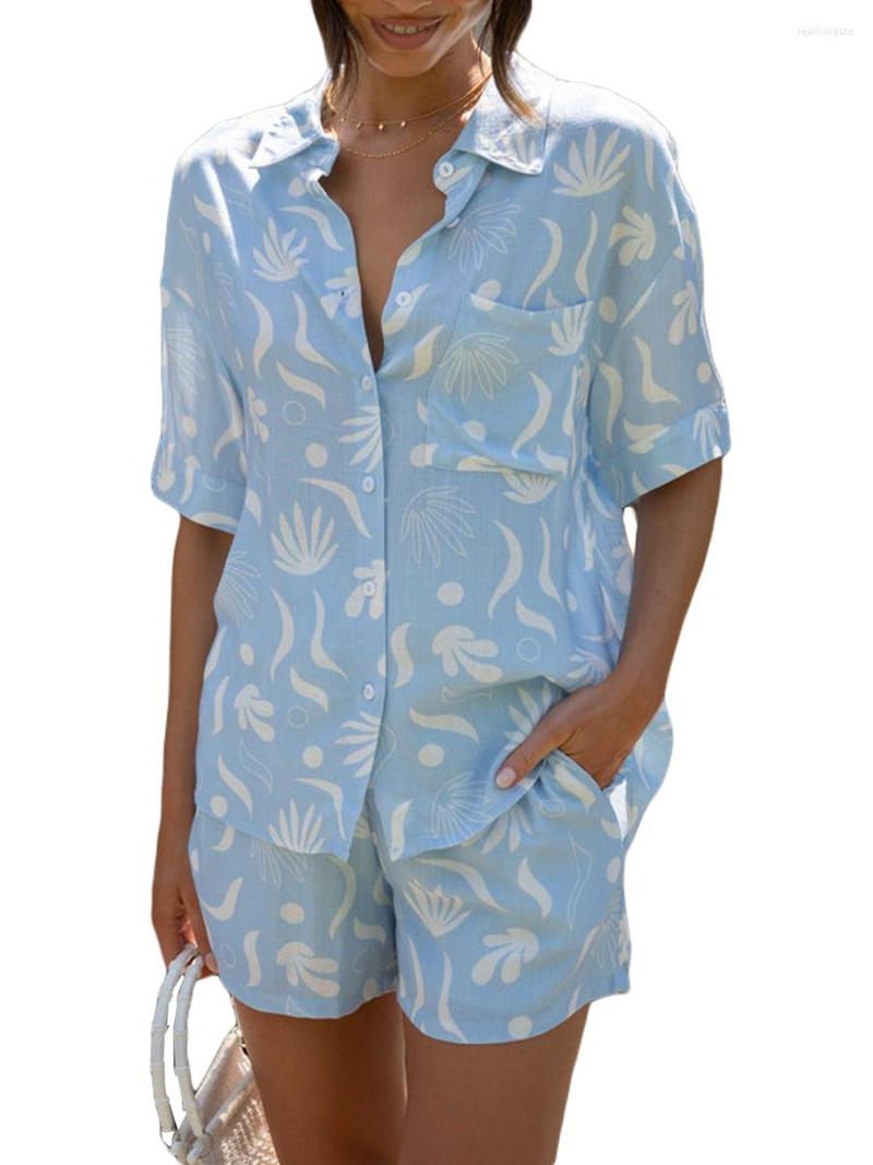 

Women's Tracksuits 2 Piece Outfits Set For Women Long Sleeve Cardigan Button Down T-Shirt Elastic Shorts Streetwear, 30-sky blue