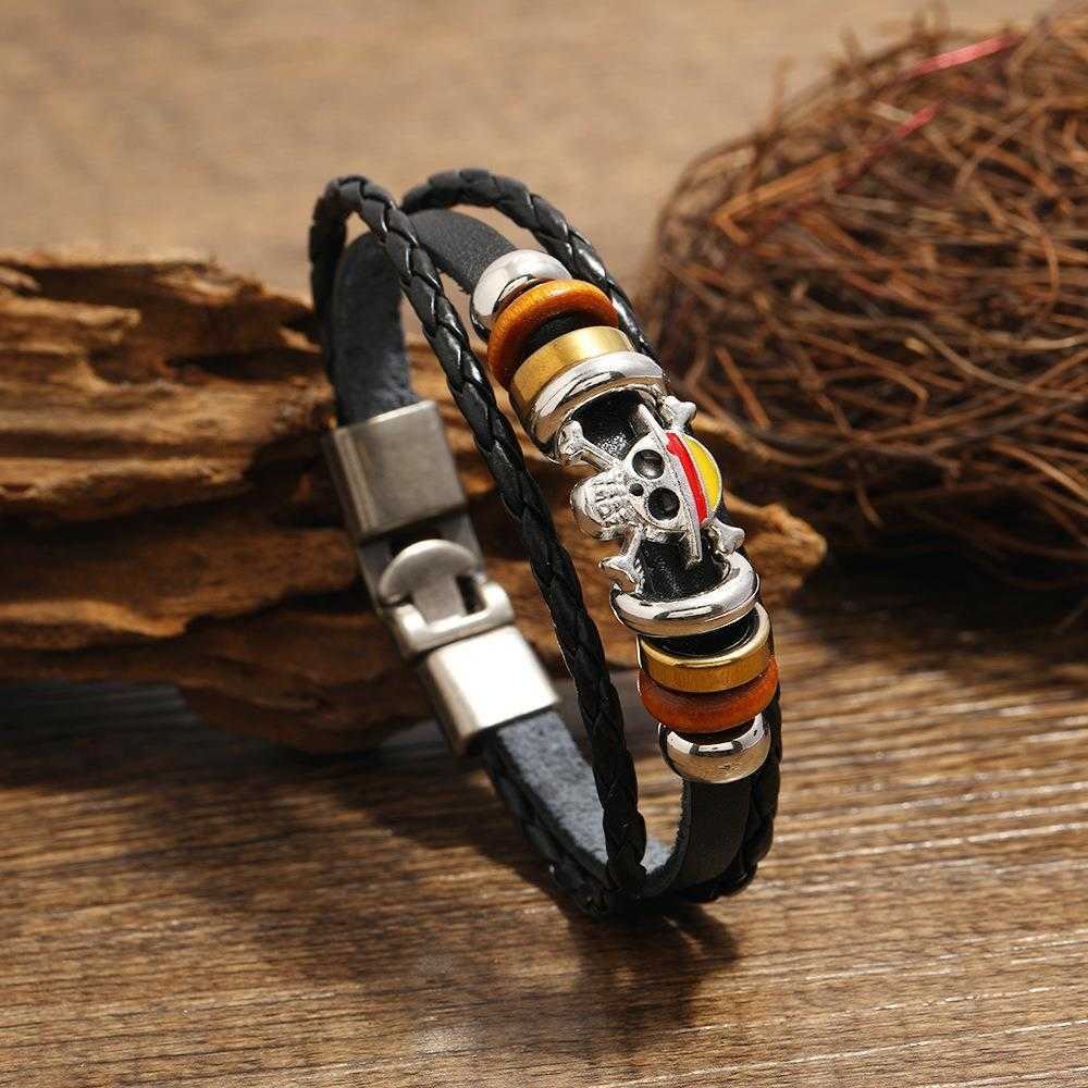 

Punk Braided Leather Bracelet Mens Multi Layer Skull A Pair Of Buckles