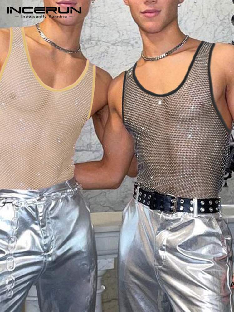 

Men's Tank Tops Party Nightclubs Style Men's Sparkling Waistcoat Sexy Stylish Male See-through Mesh Sleeveless Vests S-5XL INCERUN Tops 230508, Black