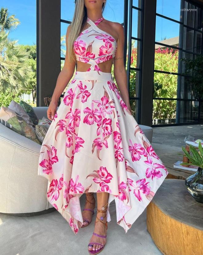 

Casual Dresses Fashionable And Sexy Women' Dress 2023 Spring/Summer Flower Print Cross Cut Backless Asymmetric Vacation Vestidos