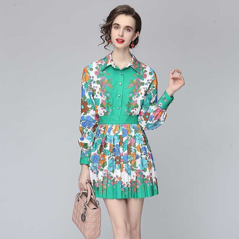 

Style Age Celebrity Reducing Fashion Set 2023 Spring/summer Women's New Printed Shirt+high Waist Pleated Half Skirt, Green6