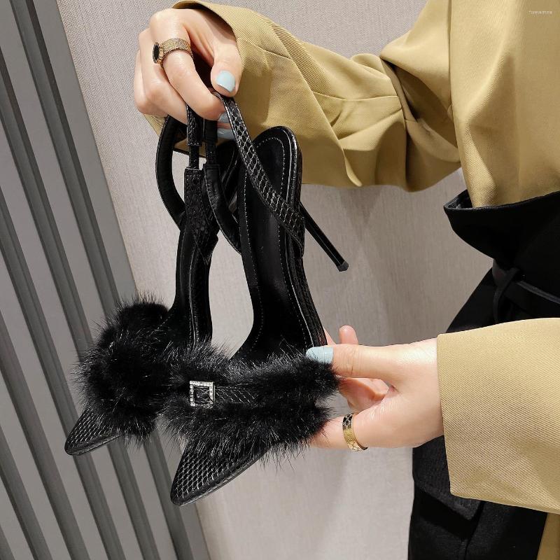 

Sandals IPPEUM Black Heels For Women 2023 Sandalias Mujeres Verano With Fur Luxury Designer Summer Furry Y2K Shoes