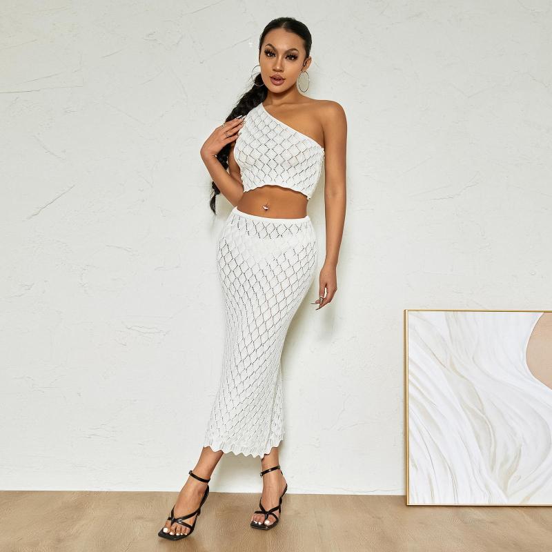 

Work Dresses Summer Boho Two-Piece Knit Beach Suits For Women See-Through One-Shoulder Strap Crop Tops Wrapped Long Skirts Casual Outfits, Rose red