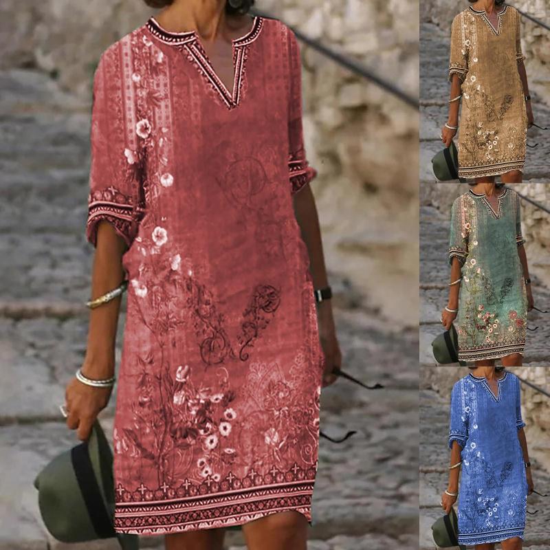 

Casual Dresses Women's Ethnic Style Printed V Neck Dress, Khaki