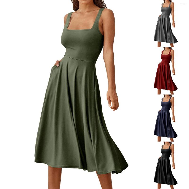 

Casual Dresses Women' Summer Square Neck Sleeveless High Waist Flowy Tank Top Beach Midi Dress Pocket, Black