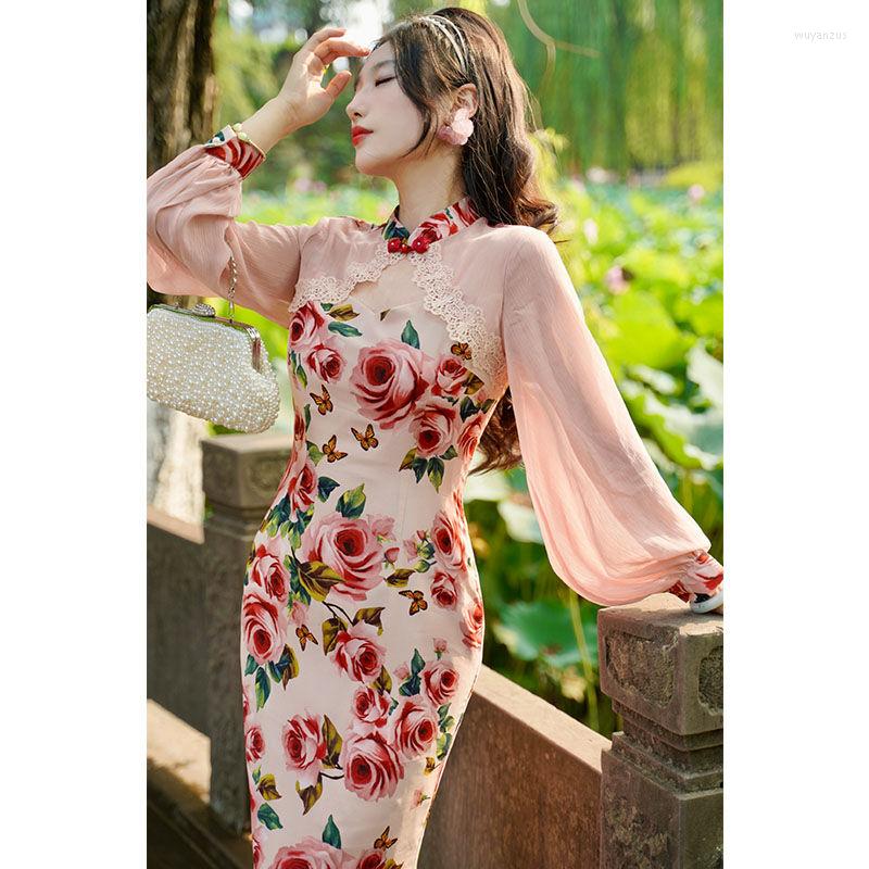 

Ethnic Clothing Chinese Style Improved Qipao Dress Spring Vintage Long-sleeved Women Elegant Rose Pink Modified Daily Cheongsam