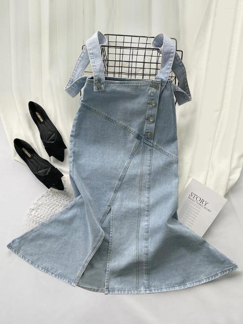 

Skirts Mid-length Suspender Skirt For Women High Waist Denim Two-wear 2023 Summer Elegant Fashion Female Split Fishtail, Light blue