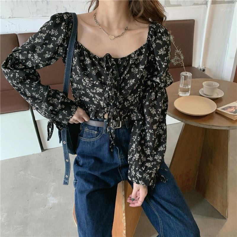 

Women's Blouses France Casual Floral Print Square Collar Female Blouse Korean Chic Strappy Cropped Clothes Sweet Holiday Sexy Shirts, Black
