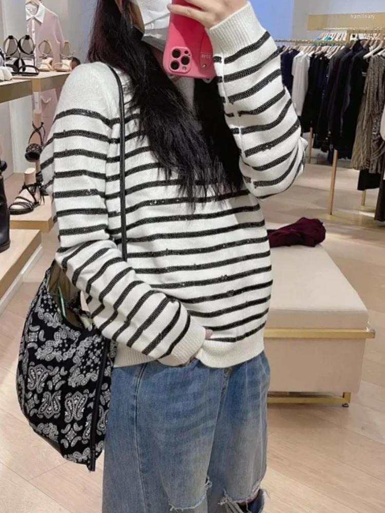 

Women' Sweaters Autumn Winter Round Neck Black Sequin Striped Knitted Women Casual Long-sleeved Pullover Sweater, Stripe