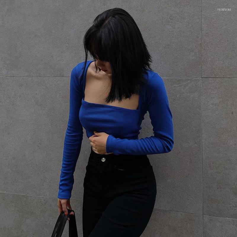 

Women's T Shirts Autumn Top Female Slim Show Navel Solid Color Leggings Gentle Long-sleeved Square Neck Short T-shirt, Black