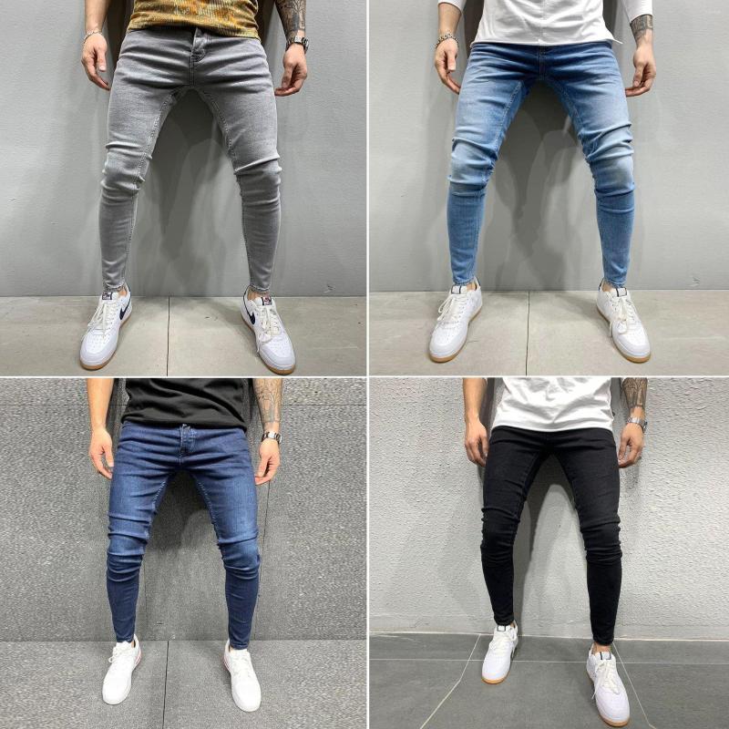 

Men's Pants Fashion Men's Clothing Elastic Skinny Solid Color Mid Waist Ankle-length Zipper Jeans Pencil, Dark blue