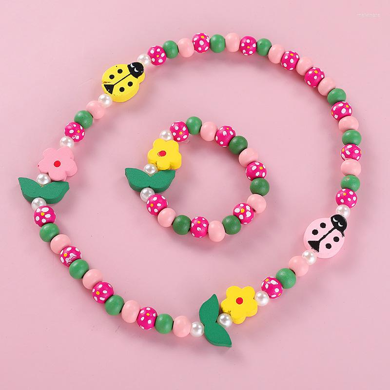 

Strand 1 Set Wooden Necklaces And Bracelets Lovely Sweet Plant Style Bead Girl Kids Fashion Safety Material