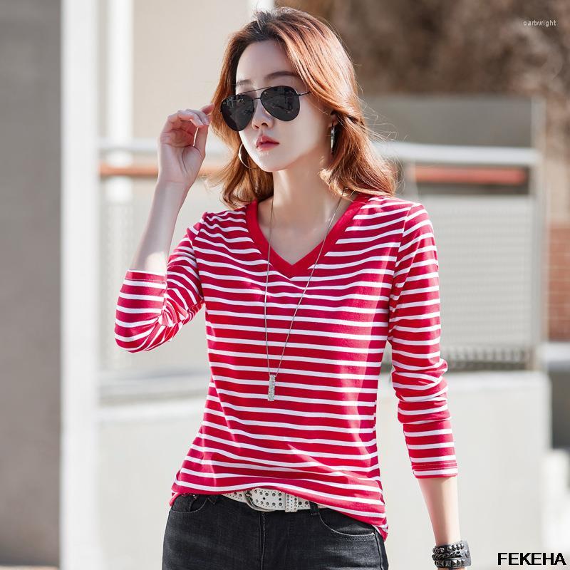 

Women' T Shirts Women Striped T-Shirts Long Sleeve Tshirts V Neck Slim Lady Tee Tops Female Clothes Korean Style, Red