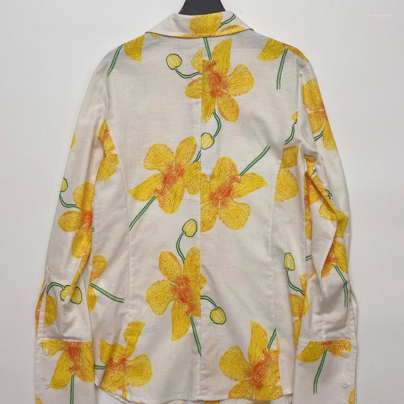 

Women' Blouses Women Shirt Autumn And Winter Lapel Yellow Floral Cotton Long-sleeved