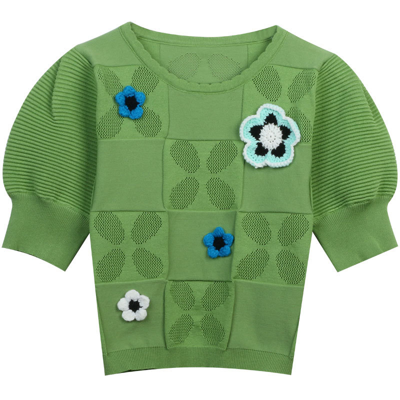 

427 2023 Runway Summer Brand SAme Style Sweater Short Sleeve Pullover Crew Neck Green White Fashion Clothes High Quality Womens mingmo