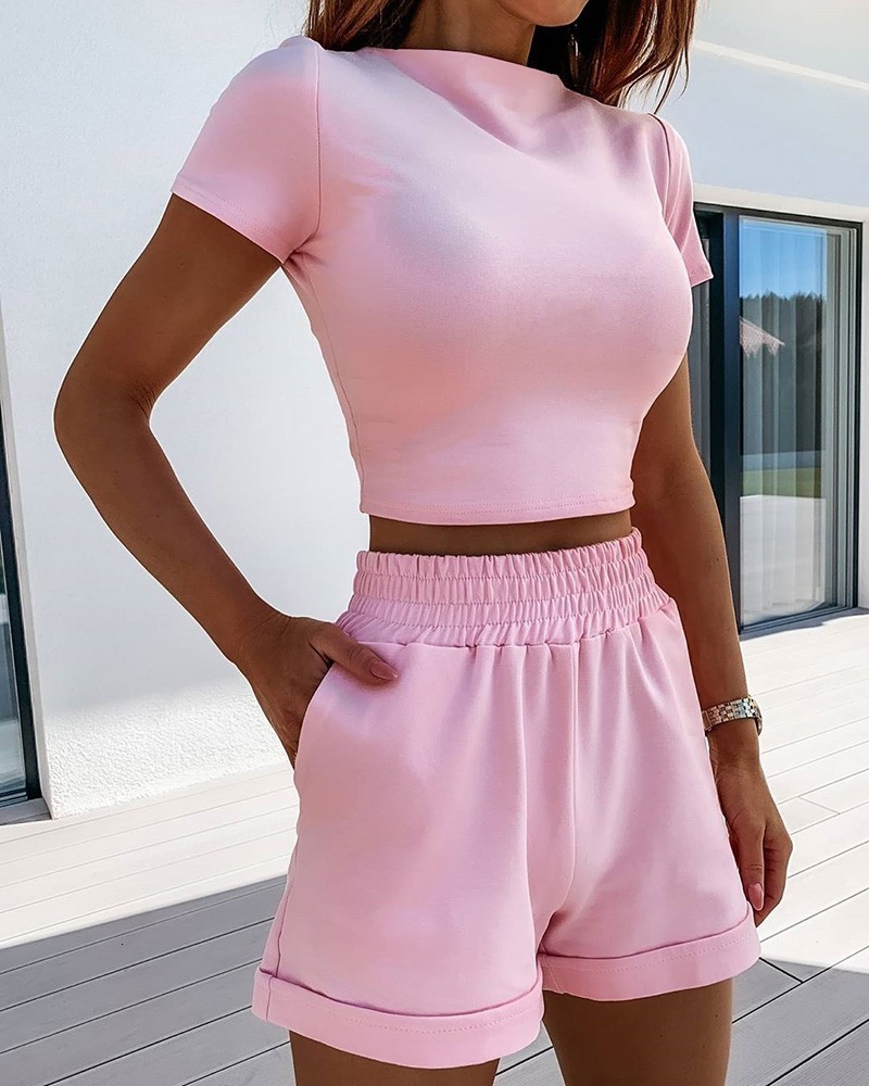 

Women' Tracksuits 2 Piece Set Women Summer O-Neck Casual Crop Top Female Clothing Tracksuit Pockets Loose Shorts Two Piece Autumn Fashion 230508