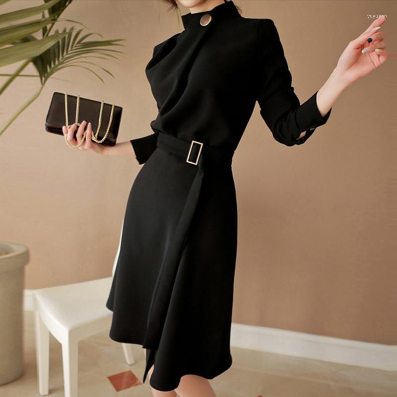 

Casual Dresses Spring Autumn Dress Women Solid Slim Long Sleeve Office Business Elegant Party With Sashes Vestidos SY339, Black