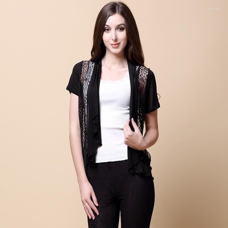 

Women's Blouses Wholesale Women Real Silk Coat Irregular Thin Hollowed Crochet Short Sleeved Blouse Split 1702, Black