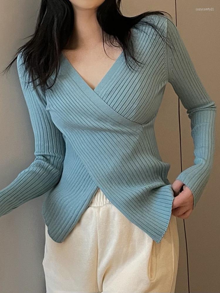

Women's Sweaters Irregular V-Neck Sweater Women Long Sleeve Top Pullover 2023 Winter Knitted Chic Knitwear Korean Fashion Woman Clothes, Blue