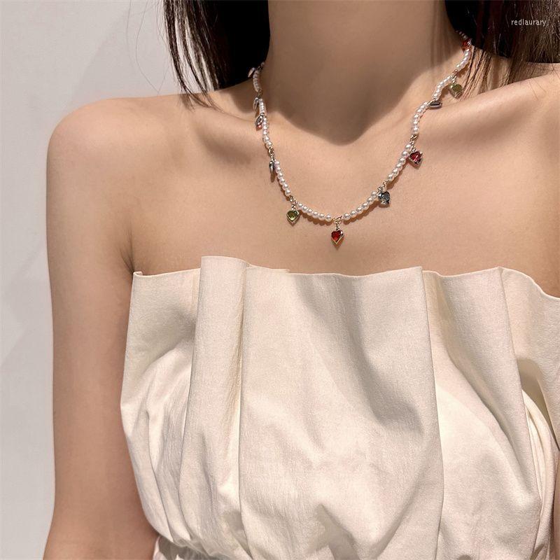 

Chains Color Love Sweater Chain Female Design Sense Zircon Splicing Sweet And Cool Cream Bead Necklace Light Luxury Niche.