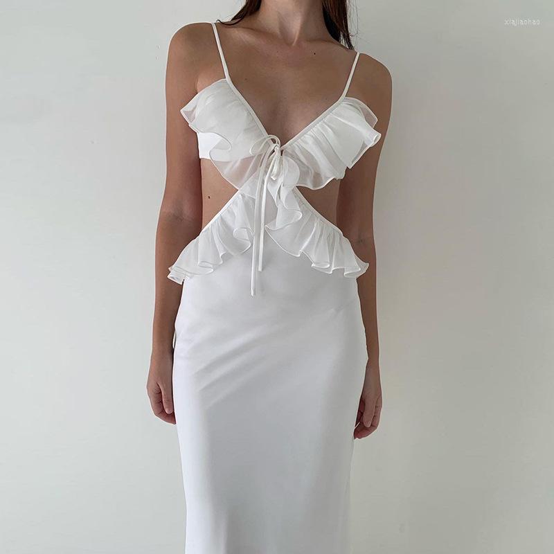 

Casual Dresses Ruffles Lace-up Spaghetti Strap Dress Hollow Out Sexy Long For Women Summer Beach Holiday Part Club Outfits, White