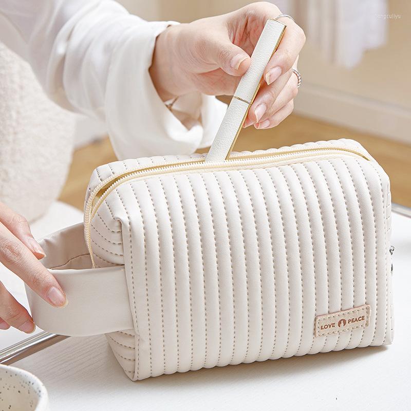 

Cosmetic Bags Leather Portable Pillow Bag Large Capacity Wash Organizer Travel Skin Care Products Storage For Women, White
