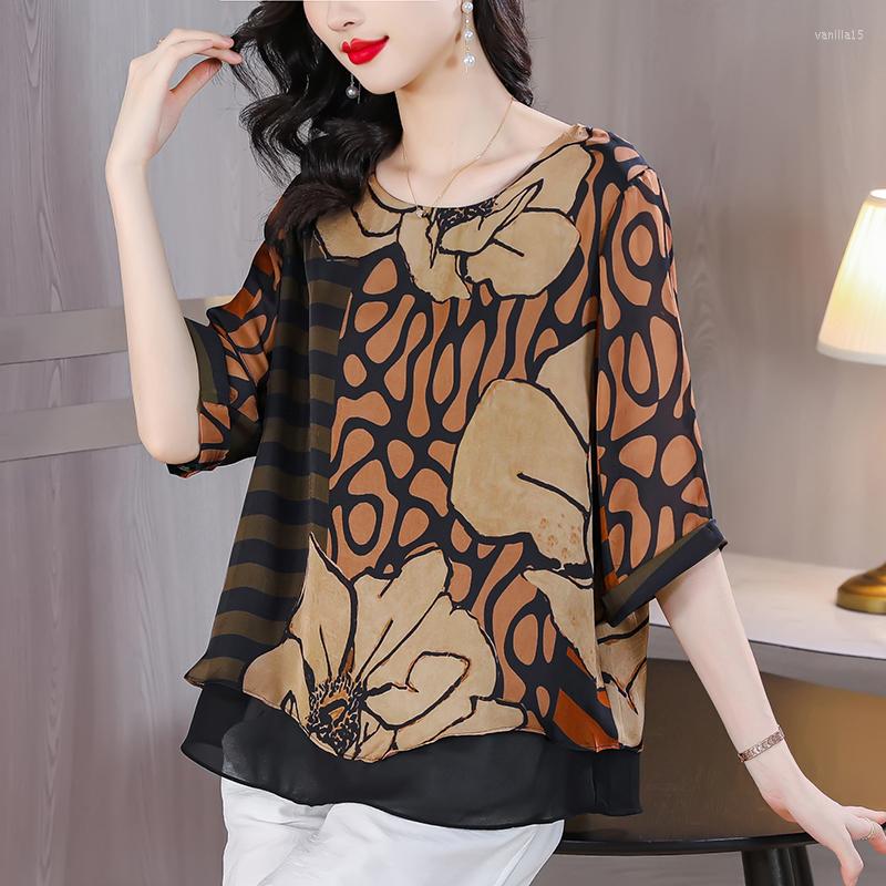 

Women's Blouses 2023 Summer Short Sleeve Silk Loose Chiffon Shirt Covering The Stomach High End European Top Large Slim T-shirt, As shown