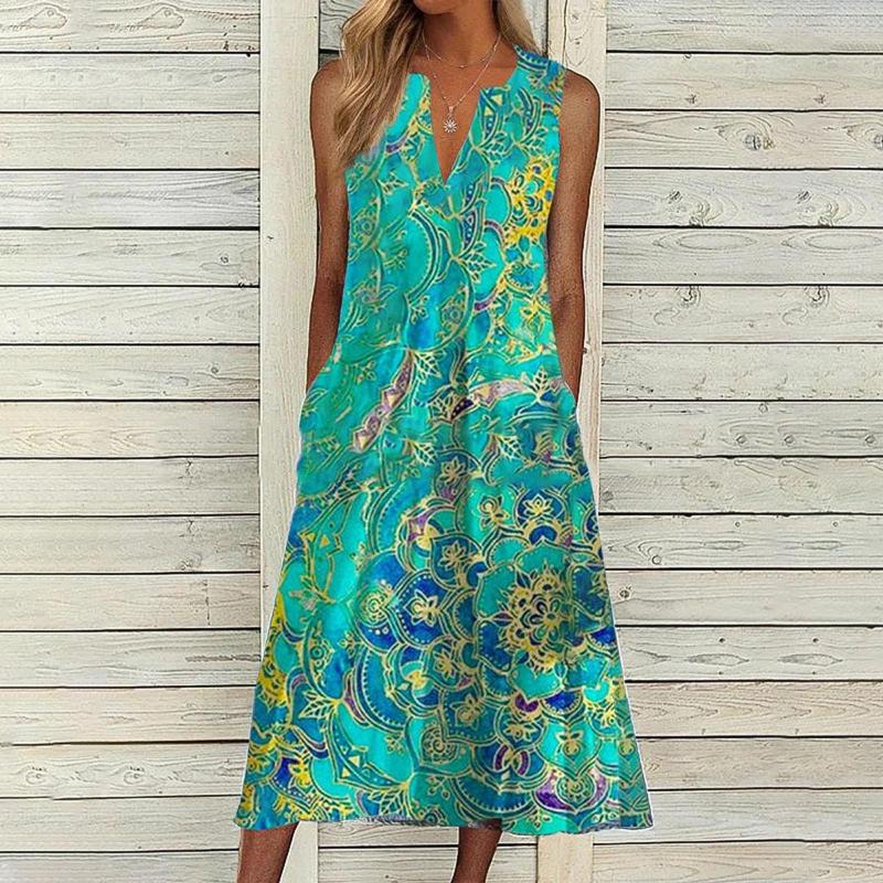 

Casual Dresses Floral Print Boho Midi Dress Women Summer V Neck Sleeveless Long Beach Party Sundress Holiday L5, Blue