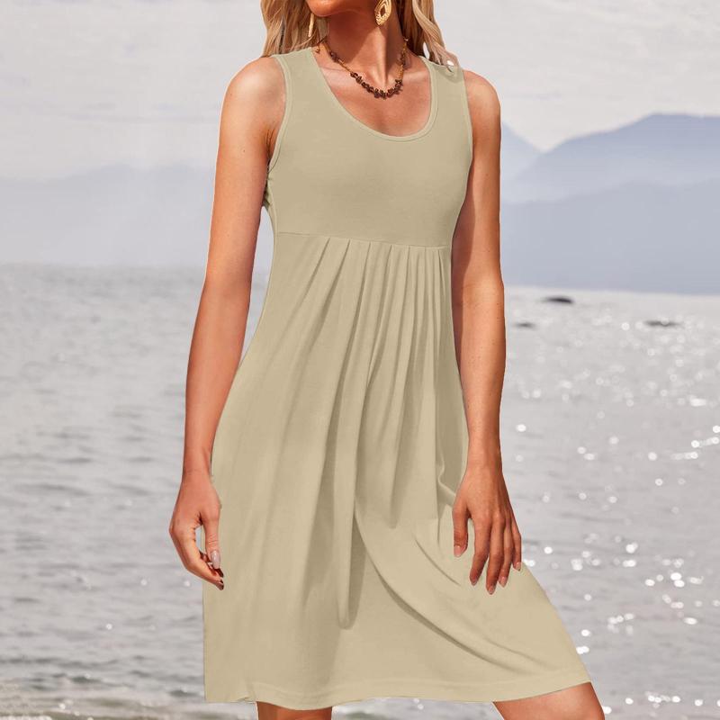 

Casual Dresses Boho Women Loose Dress Causual O Neck Sleeveless Ruffles Mini Solid Color Beach Sundress Oversized 2023 Summer Clothing, White-3