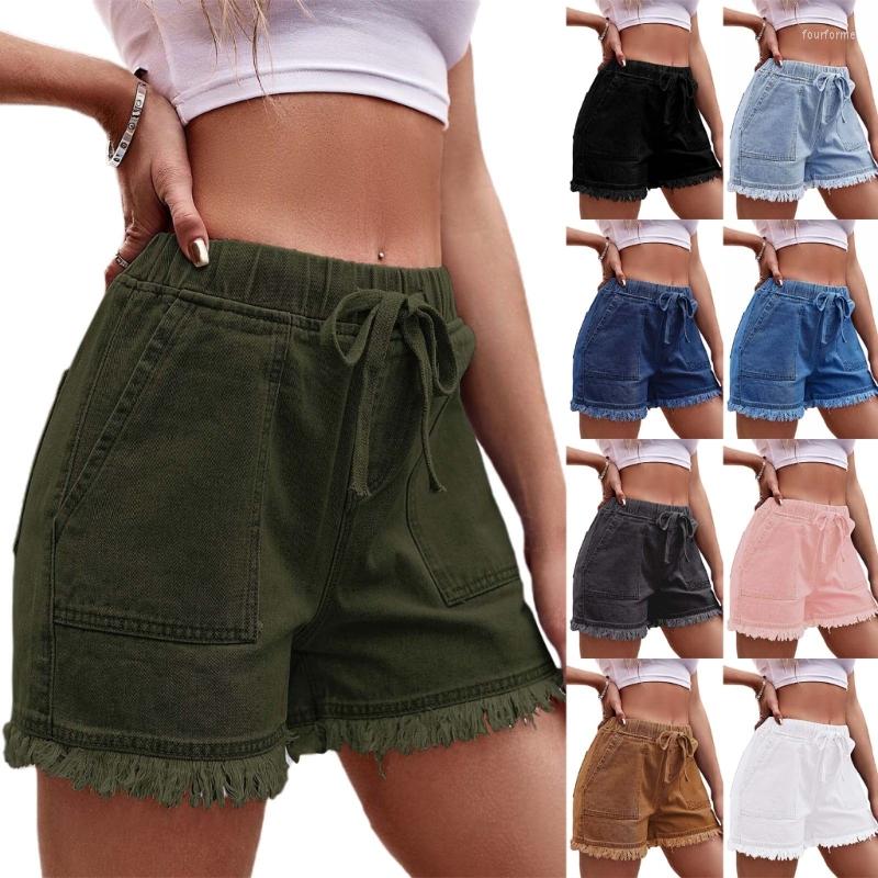 

Women's Shorts Elastic Waist Drawstring Casual High Raws Edge Denims Short Pant Female Tides Pockets Soft Bottom Wear 10CF, For indigo