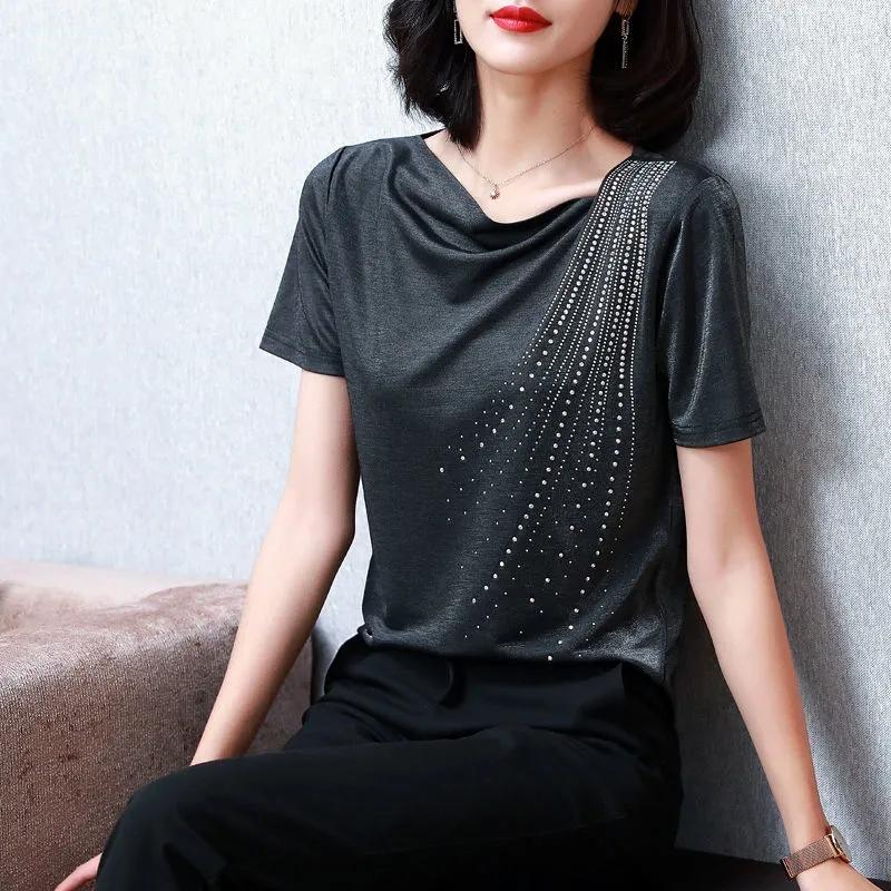 

Women' T Shirts Chic Diamonds Short Sleeve T-Shirt Black Elegant Blouses Women Clothing Loose Vintage Urbane Casual Aesthetic Summer Top