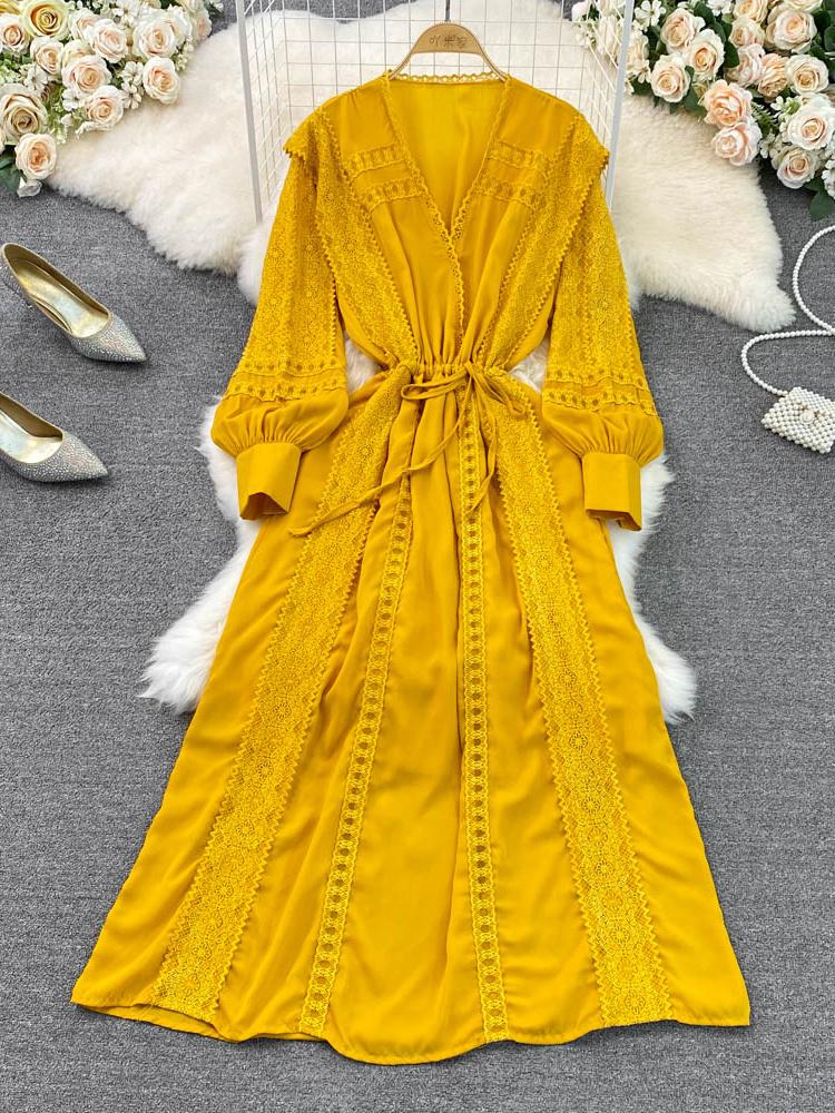

Casual Dresses Spring Autumn Vintage Women Lace Patchwork Long Dress Yellow/Red/Blue/White Latern Sleeve A-Line Maxi Vestido Vacation Beach, Black