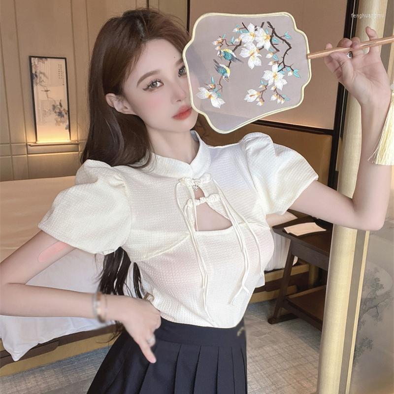 

Women's Blouses Bubble Sleeves Chinese Style Women's Tops Short Sleeved Shirts Solid Color