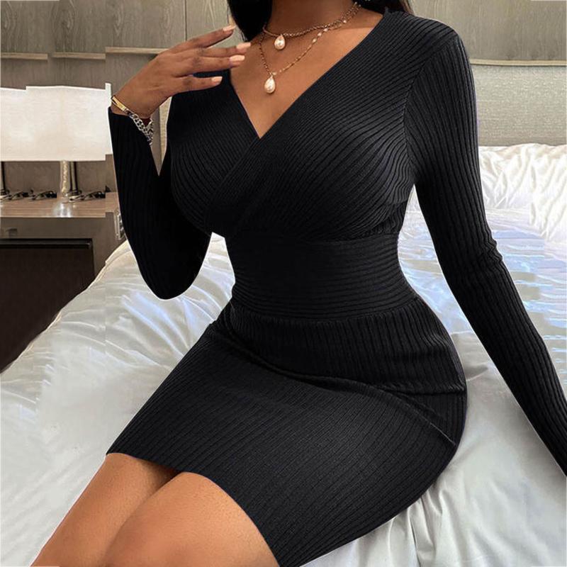 

Casual Dresses Ribbing Sexy Bodycon Dress High Waist V-Neck Women Party Short Long Sleeve Pure Color Elegant Vestidos, Black