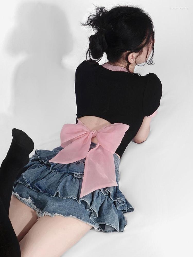

Women' T Shirts Harajuku Casual Tee Y2k Aesthetic Short Sleeve Crop Top Women Bow Expose Waist Slim Sexy T-shirts Contrast Color Fashion, Black