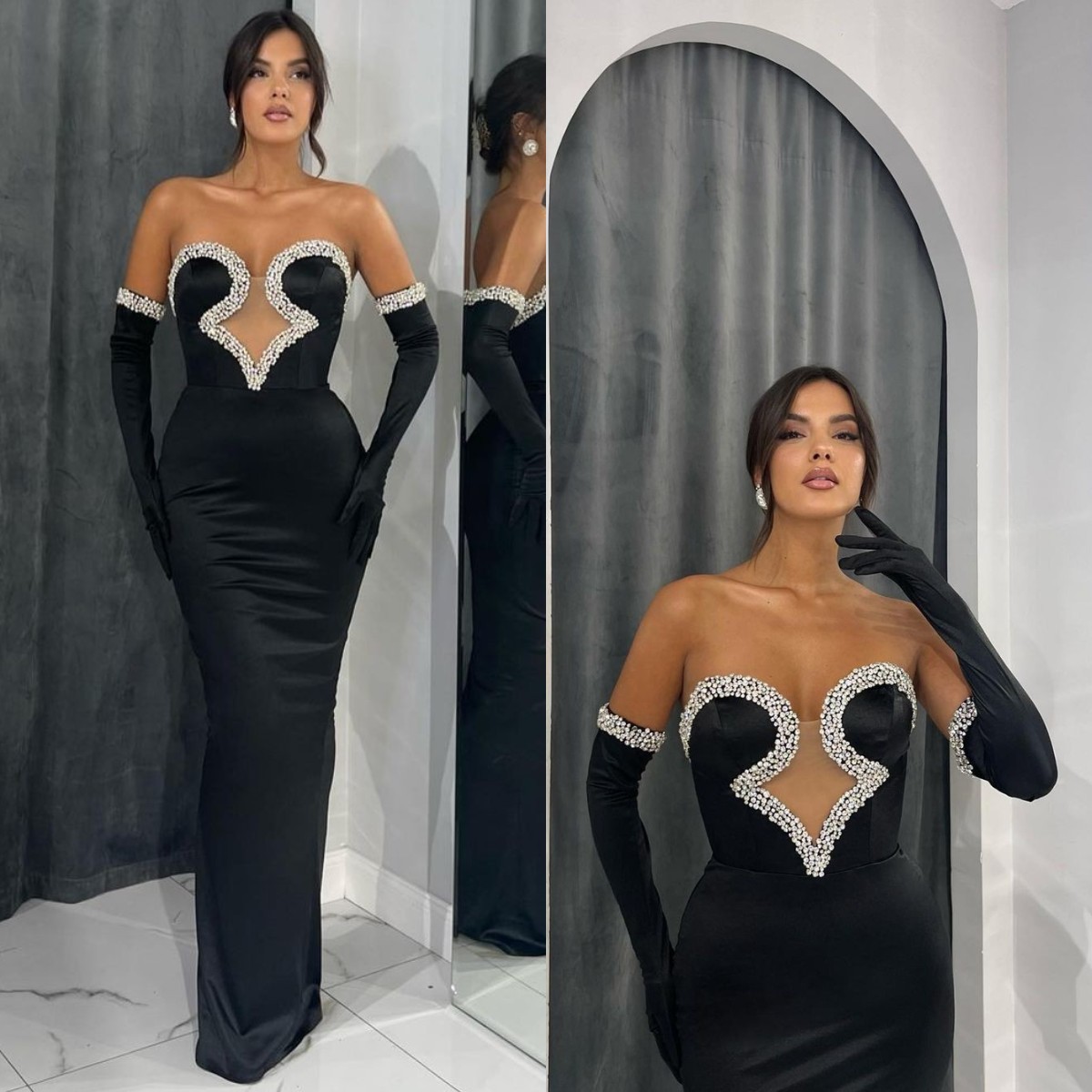 

Beaded Sweetheart Black Prom Dresses Half Sleeves Party Evening Dress Pleats Long Special Occasion dress with gloves, Hunter green