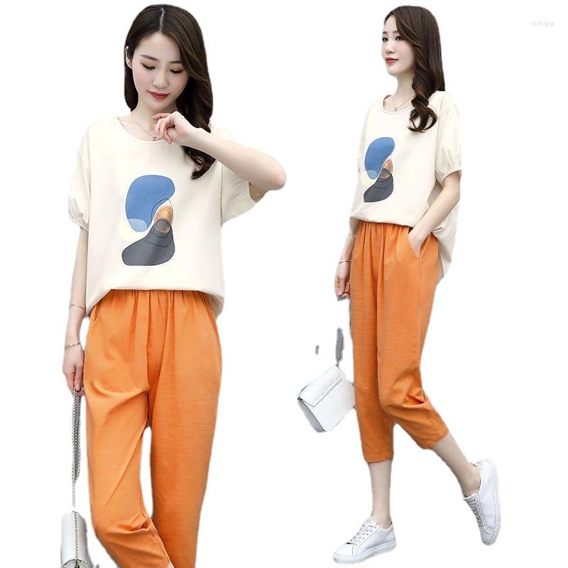 

Women' Two Piece Pants Women' Suit Casual Set Summer Print Soft Loose Pant Tops Office Lady Work Suits 2 Sets Womens Outfits