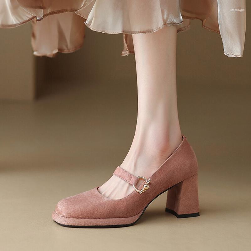 

Dress Shoes Sweet Pink Women Pumps Sheep Suede Leather For Round Toe Chunky Heel Platform Mary Janes Cute High Heels, Black