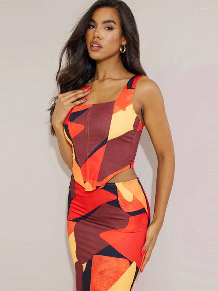 

Work Dresses Geometric Print Women Long Skirt Suit Sleeveless Sexy Slim Streetwear Tank Top Female 2 Piece Set 2023 Summer Split Skirts Sets, Blue