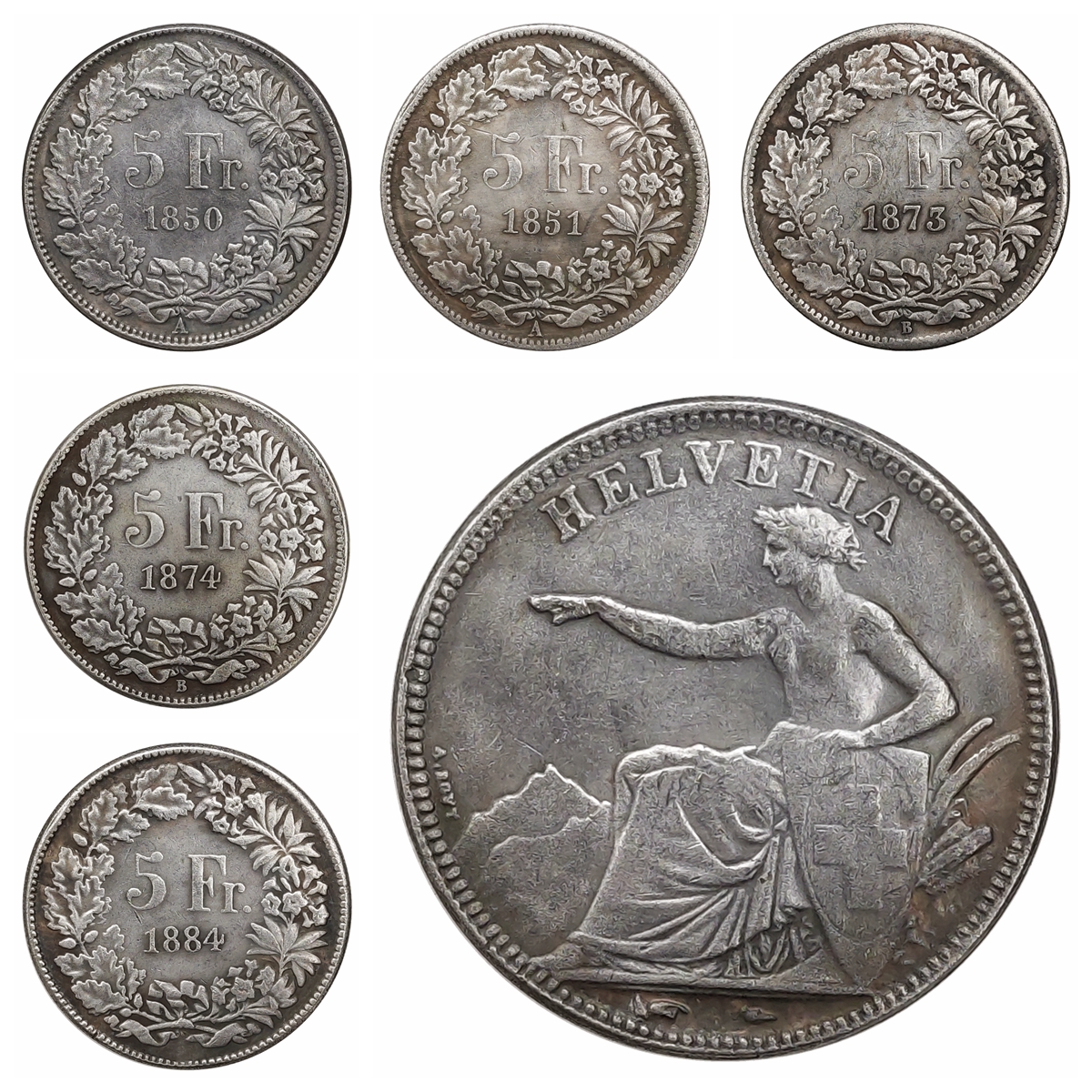 

1850 1851 1873 1874 1884 Swiss Silver plated Copy Coins