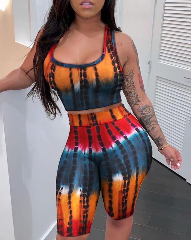 

Women's Tracksuits Two Piece Sets Womens Outifits Spring Fashion Tie Dye Print Sleeveless U-Neck Crop Top Casual High Waist Shorts Set 230508, Beige