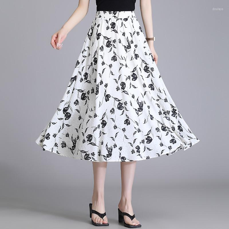 

Skirts Printed Chiffon Skirt For Women In Summer Thin Loose And Slimming A-line High Waisted Medium Length Large Swing S-5XL, Black