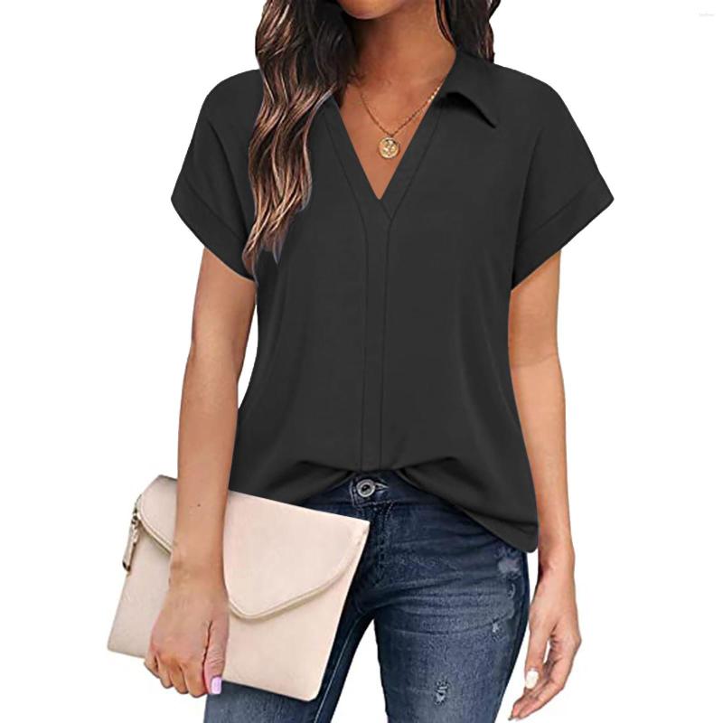

Women's Blouses Casual Short Sleeve Chiffon Blouse Elegant Office Lady V Neck Loose Shirt Vintage Harajuku Oversized Women Tops Summer, Black
