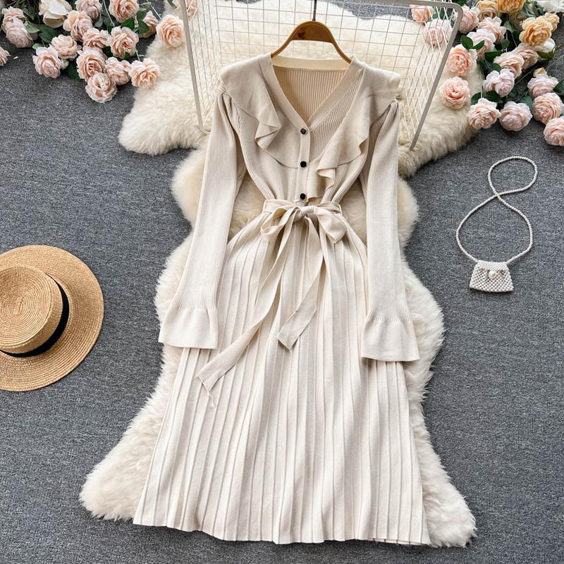 

Casual Dresses Autumn Winter Women Knit Elegant Long Pleated Dress Ruffles V Neck Vestidos Sleeve Buttons Party Sweater Robe, Beige